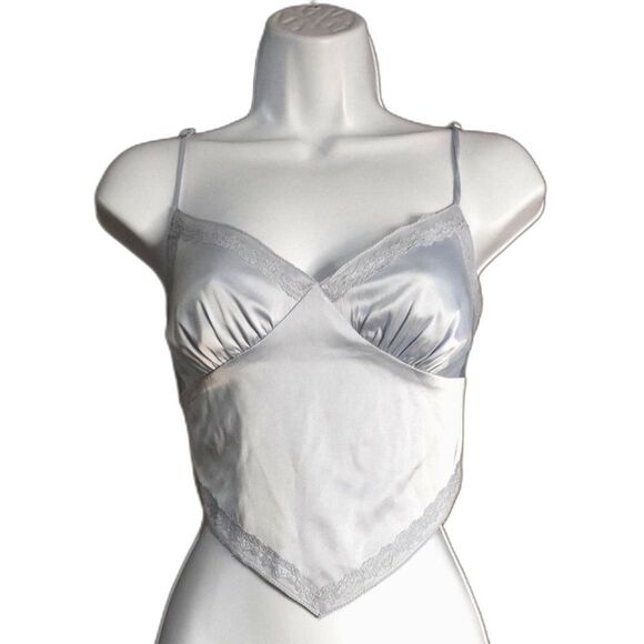 Brooklyn Karma Blue Satin Cropped Lace Trim V Neck Strappy Blouse Size Medium - Picture 1 of 12